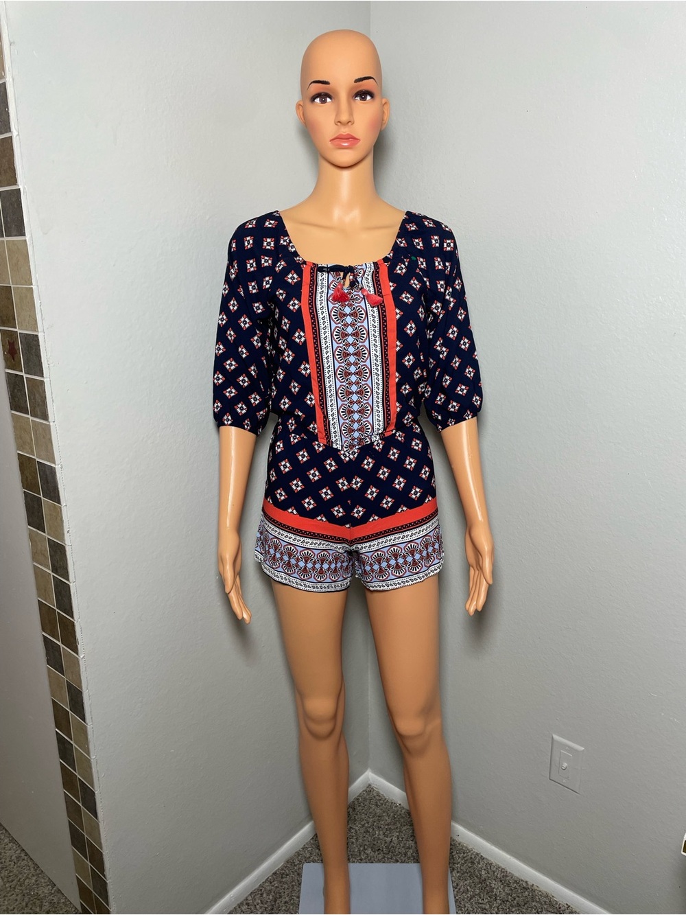 Woven Navy and Red Printed Women’s jumpsuit